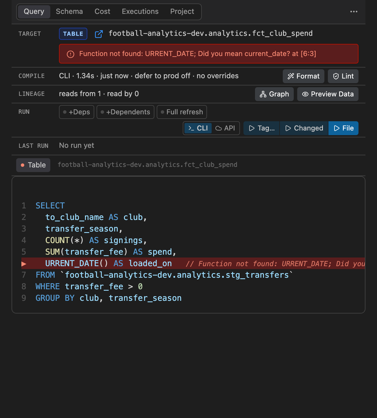 The compiled query panel: the compiled SQL of the model, what a dry run says it will scan and cost, and the buttons to run and preview it