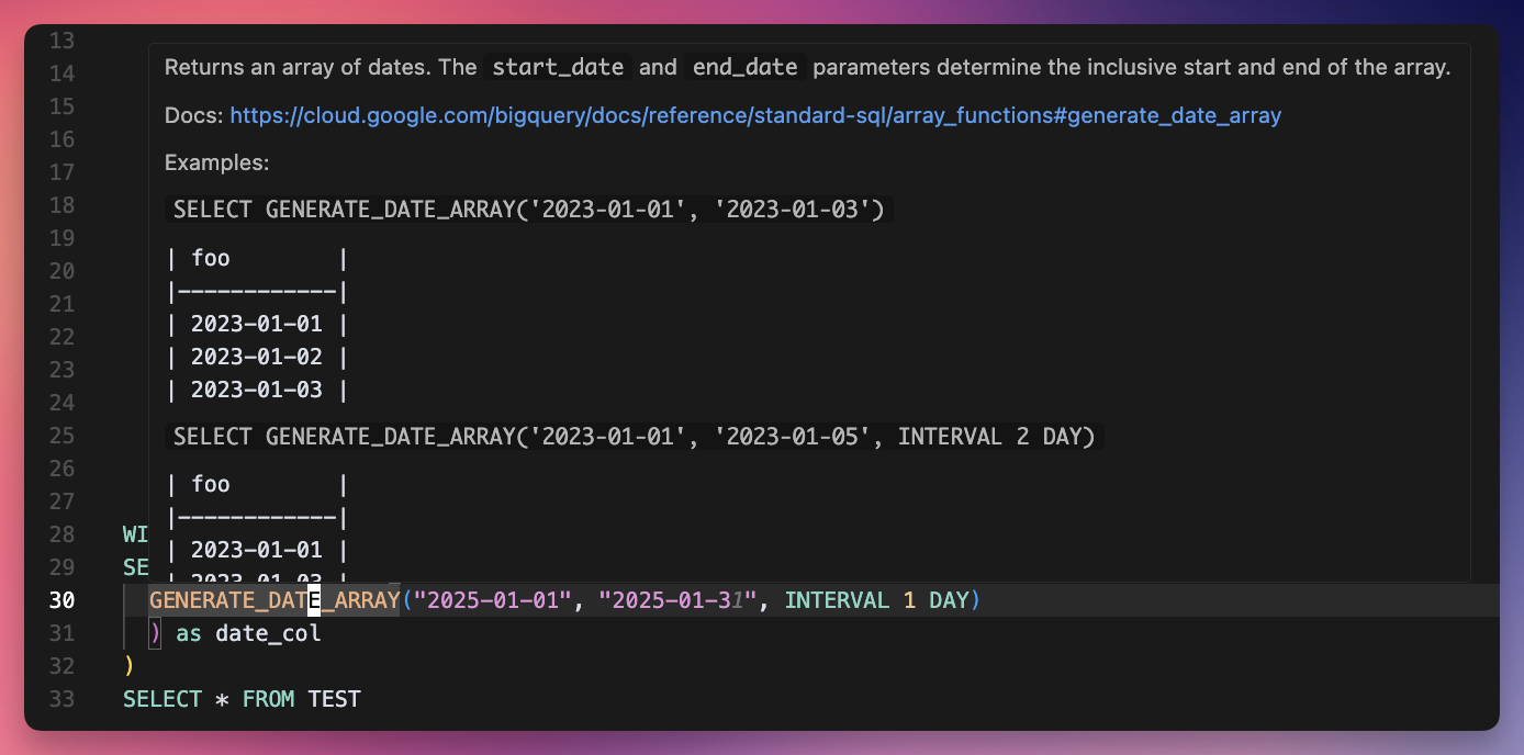 BigQuery hover definition provider demonstration
